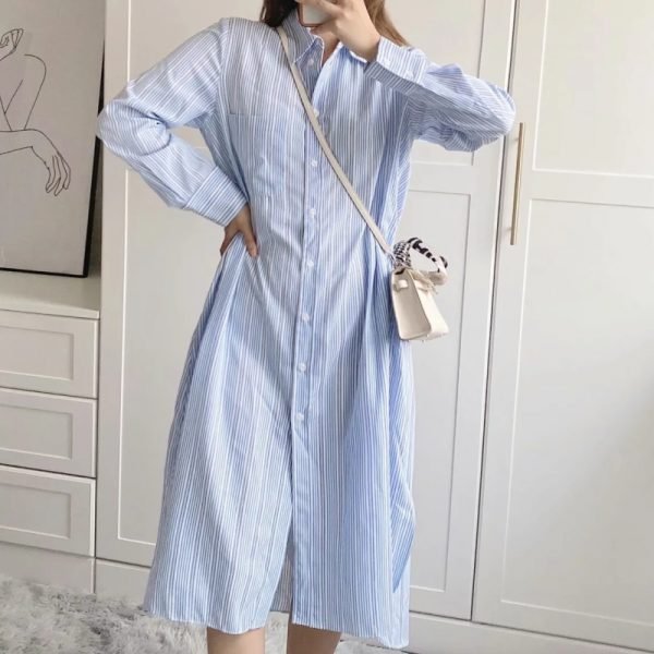 Summer Women Side Slit Striped Midi Shirt Dress Female Long Sleeve Clothes Casual Lady Loose Vestido D7590