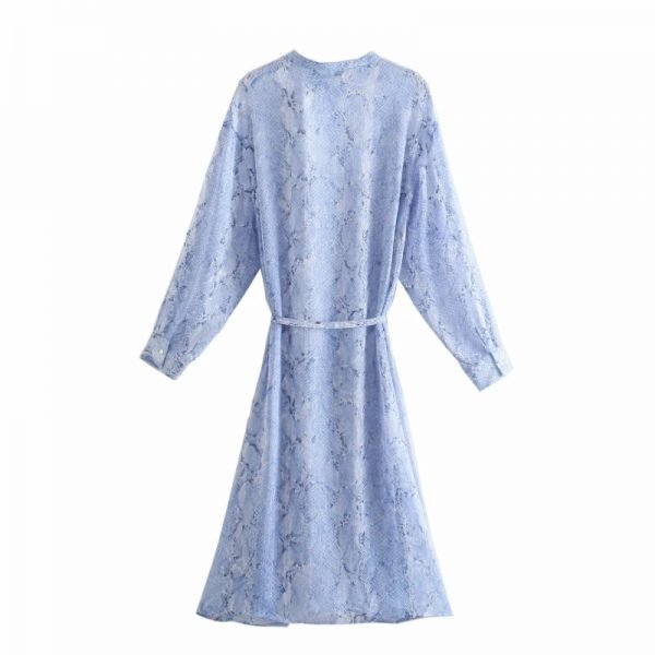 Summer Women Animal Pattern Print Midi Shirt Dress Female Stand Collar Long Sleeve Clothes Casual Lady Loose Vestido D7738