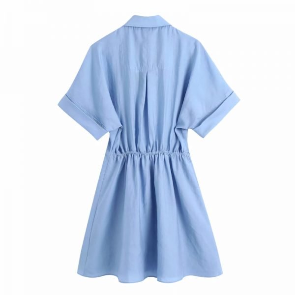 Summer Women Patch Pocket Blue Mini Shirt Dress Female Short Sleeve Clothes Casual Lady Loose Vestido D7685