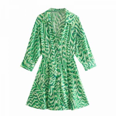 Hot Sale Women Digital Print Green Mini Shirt Dress Female Nine Quarter Sleeve Clothes Casual Lady Loose Vestido D8117