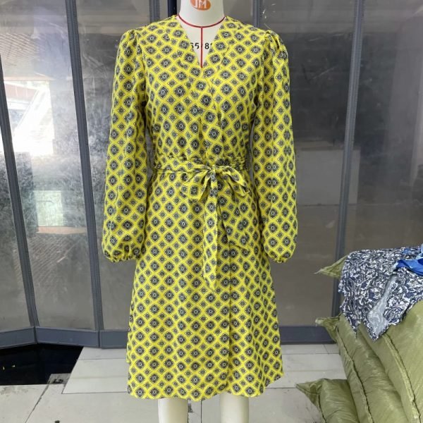 Hot Sale Women Ethnic Style Print V Neck Sashes Yellow Midi Dress Female Long Sleeve Clothes Casual Lady Loose Vestido D8271