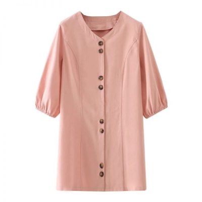 Summer Women O Neck Single Breasted Pink Mini Dress Female Lantern Sleeve Clothes Leisure Lady Loose Vestido D7968