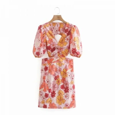 Summer Women Flower Printing Backless Mini Dress Female V Neck Puff Sleeve Clothes Casual Lady Slim Vestido D7715