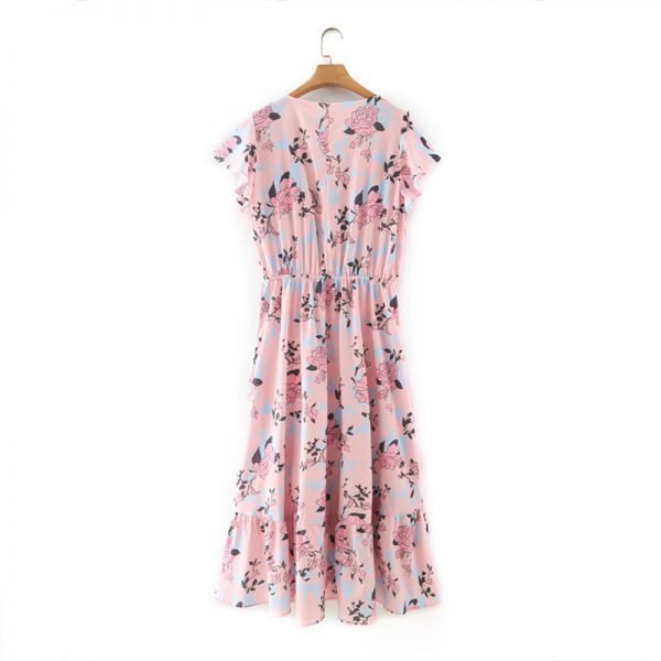 Summer Women Flower Print Deep V Neck Lace Up Bow Midi Dress Female Short Sleeve Clothes Casual Lady Loose Vestido D7515