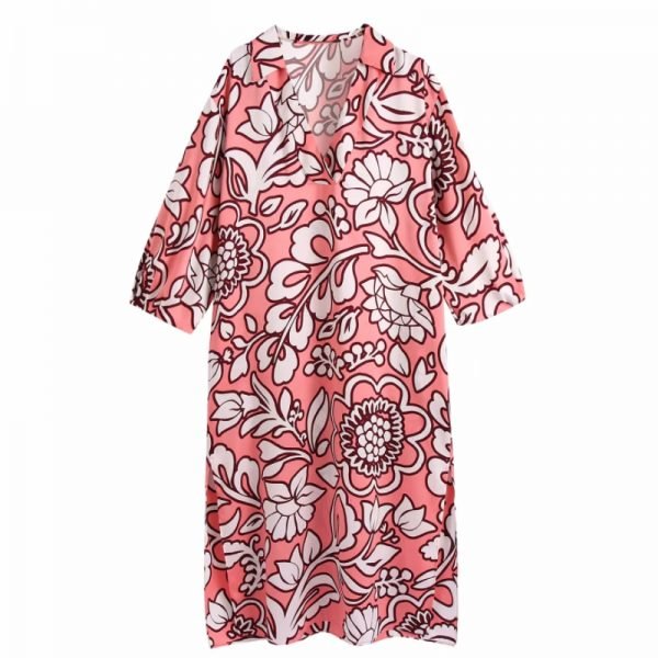 Hot Sale Women Flower Printing V Neck Lantern Sleeve Midi Dress Female Side Slit Clothes Casual Lady Loose Vestido D8290