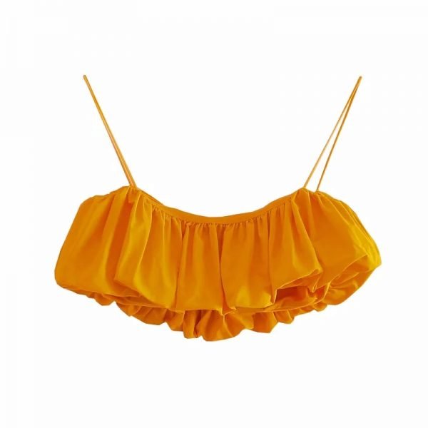 Summer Women Yellow Sexy Pleating Short Suspender Blouse Casual Female Sleeveless Slim Crop Tops T1518