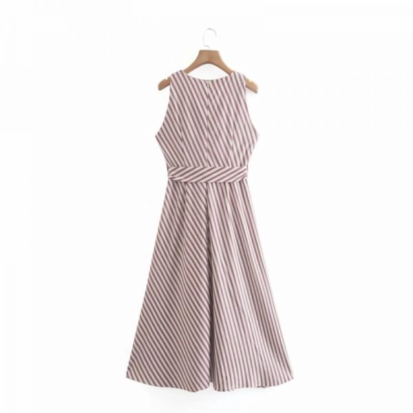 Summer Women Diagonal Striped V Neck Sashes Midi Vest Dress Female Sleeveless Clothes Casual Lady Loose Vestido D7863