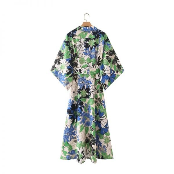 Hot Sale Women Flower Printing Sashes Wrap Dress Female Raglan Sleeve Clothes Casual Lady Loose Vestido D8510