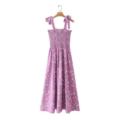 Summer Women Floral Print Purple Suspender Midi Dress Female Sleeveless Clothes Leisure Lady Slim Vestido D7932