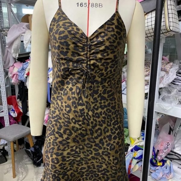 Hot Sale Women Leopard Print Drawstring Suspender Mini Dress Female Sleeveless Clothes Casual Lady Loose Vestido D8383