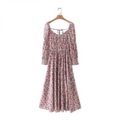 Hot Sale Women Flower Printing Side Slit Midi Dress Female Nine Quarter Sleeve Clothes Casual Lady Loose Vestido D8512