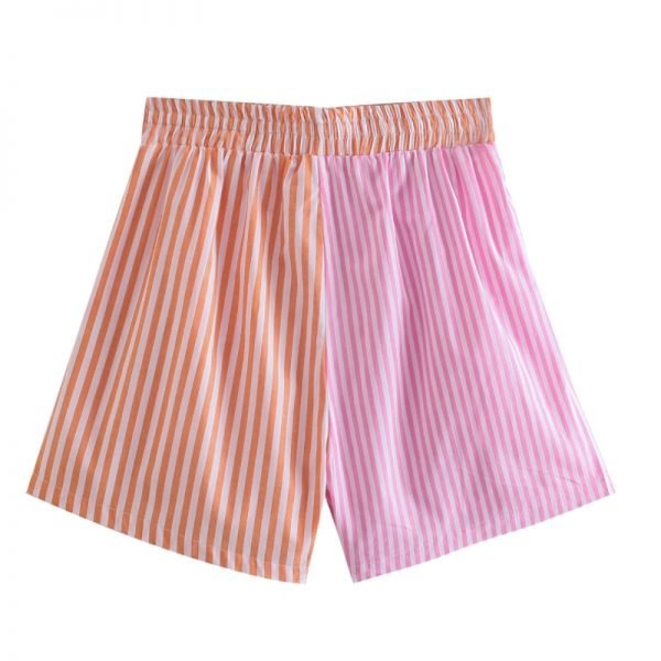 Summer Women Contrast Color Splicing Striped Shorts Casual Female Elastic Waist Loose Clothes P2106