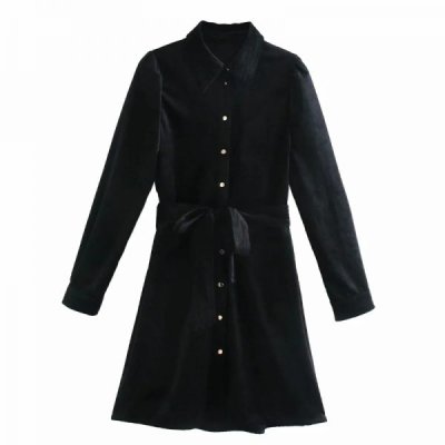 Women Turndown Collar Sashes Velvet Mini Shirt Dress Female Long Sleeve Clothes Vintage Loose Vestido D6895