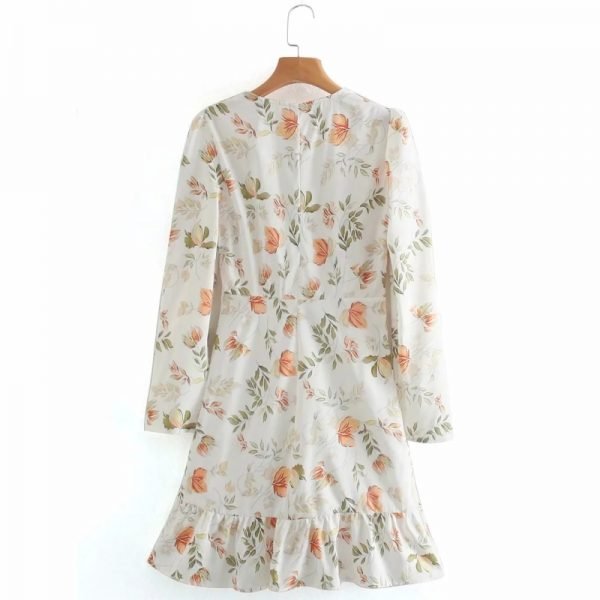 Spring Women Flower Printing Cross V Neck Ruffled Hem Mini Dress Female Puff Sleeve Clothes Casual Lady Loose Vestido D7301