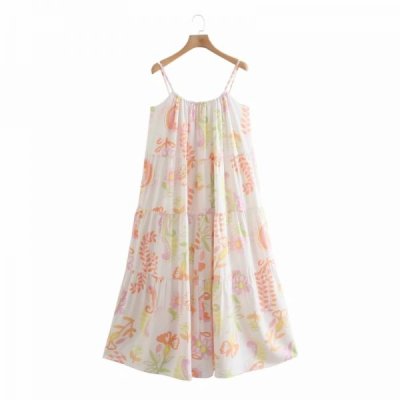 Hot Sale Women Floral Print Cascading Ruffle Suspender Midi Dress Female Clothes Casual Lady Loose Vestido D8173