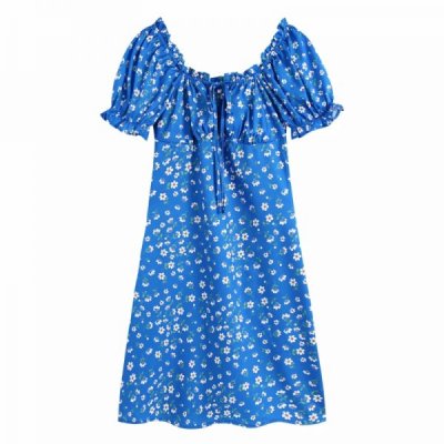 Summer Women Flower Printing Slash Neck Slim Mini Dress Female Short Sleeve Clothes Leisure Lady Vestido D8013