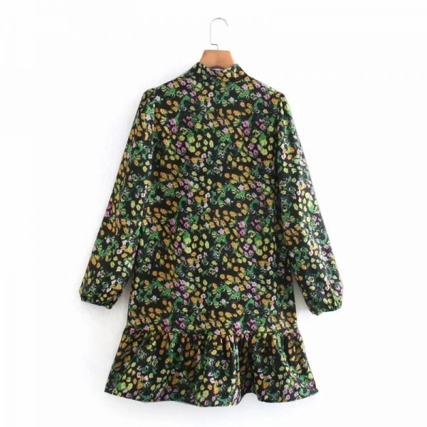 Women Floral Printing Ruffled Hem Green Mini Dress Female Stand Collar Lantern Sleeve Clothes Casual Lady Loose Vestido D6957