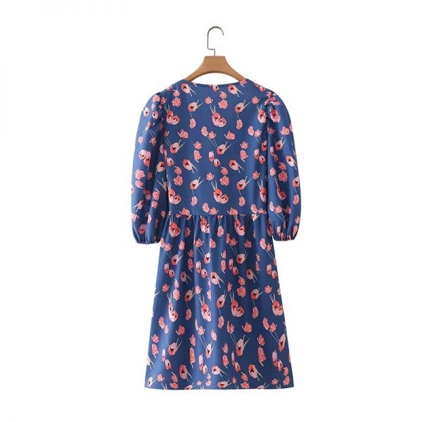 New Women Floral Print V Neck Blue Mini Dress Female Three Quarter Sleeve Clothes Leisure Lady Loose Vestido D8079