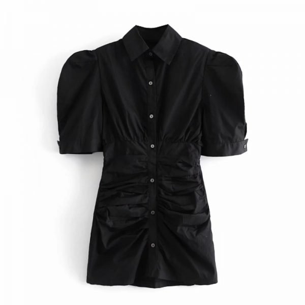 Women Slim Pleated Striped Mini Shirt Dress Female Puff Sleeve Clothes Casual Lady Vestido D7526