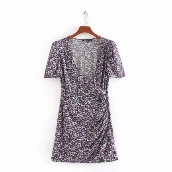 Vintage Flower printing Woman Cross V Neck Pleated Mini Dress Fashion Casual Ladies Puff Sleeve Slim Dresses D5377