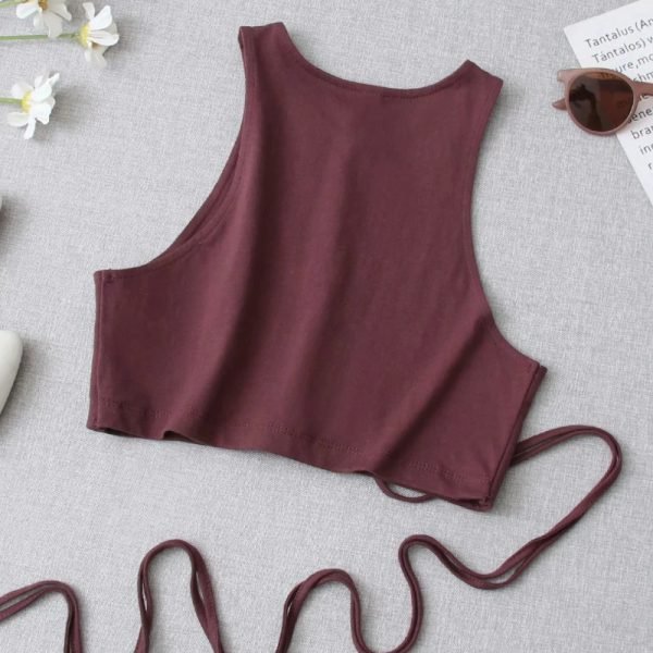 Summer Women Hollow Lace Up Sexy Knitted Short Tank T Shirt Casual Female O Neck Slim Crop Tops T1510