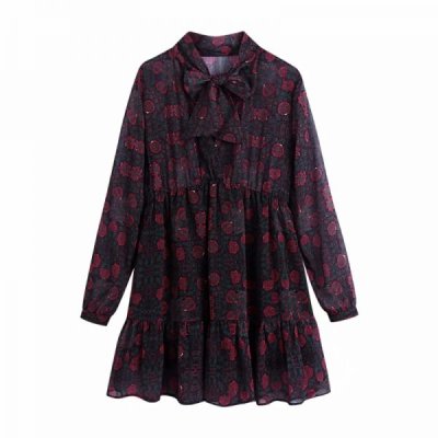 Hot Sale Women Flower Printing Chiffon V Neck Bow Tie Mini Dress Female Long Sleeve Clothes Casual Lady Loose Vestido D8378