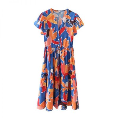 Summer Women V Neck Waist Drawstring Printed Midi Dress Female Short Sleeve Clothes Casual Lady Loose Vestido D7766