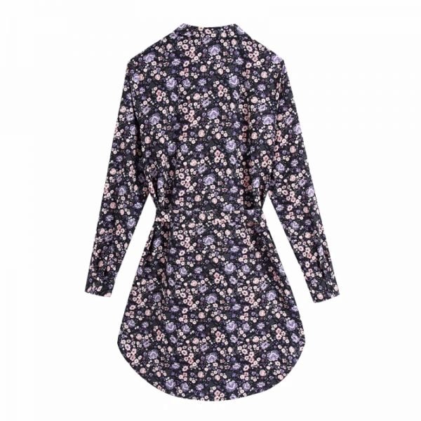 Hot Sale Women Vintage Flower Print Sashes Mini Shirt Dress Female Long Sleeve Clothes Casual Lady Loose Vestido D8385