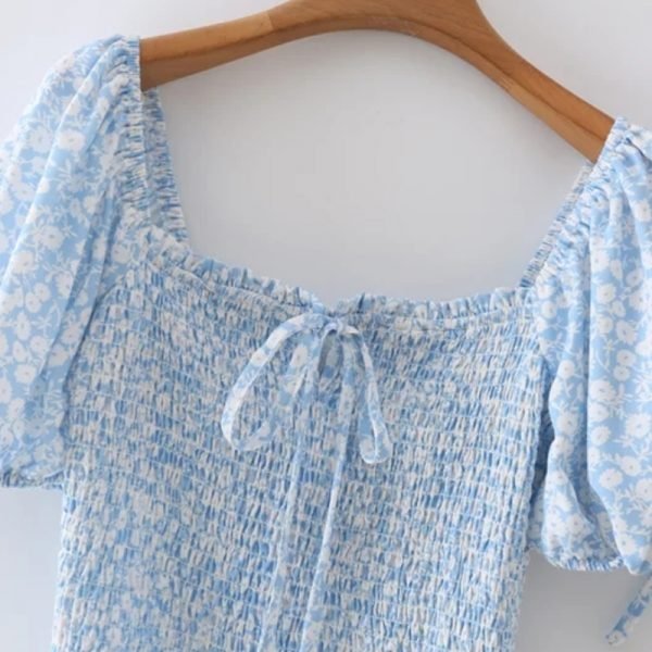 Summer Women Floral Printing Square Collar Slim Elastic Mini Dress Female Puff Sleeve Clothes Casual Lady Vestido D7791