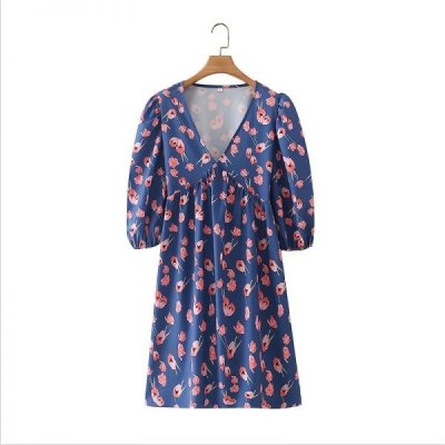 New Women Floral Print V Neck Blue Mini Dress Female Three Quarter Sleeve Clothes Leisure Lady Loose Vestido D8079