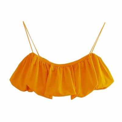 Summer Women Yellow Sexy Pleating Short Suspender Blouse Casual Female Sleeveless Slim Crop Tops T1518