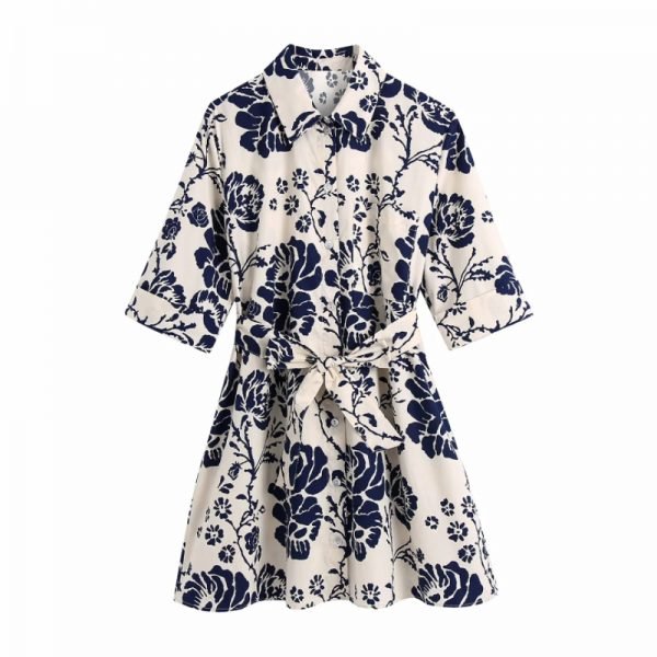 Summer Women Blue Floral Print Sashes Mini Shirt Dress Female Half Sleeve Clothes Casual Lady Loose Vestido D7883