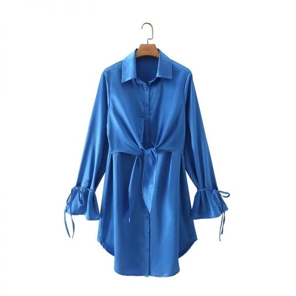 Hot Sale Women Knot Design Blue Satin Shirt Dress Female Long Sleeve Clothes Casual Lady Loose Vestido D8509