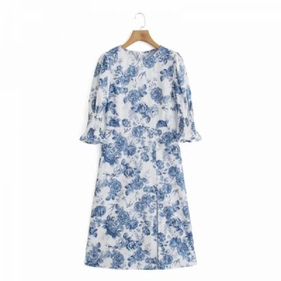 Summer Women Flower Bird Print Side Slit Midi Dress Female Puff Sleeve Clothes Casual Lady Loose Vestido D7862