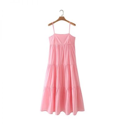 Summer Women Tiered Ruffle Pink Suspender Midi Dress Female Sleeveless Clothes Casual Lady Loose Vestido D7770