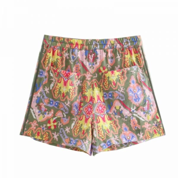 Vintage Women Ethnic Style Print Patch Pocket Shorts Hot Sale Casual Female Elastic Waist Drawstring Loose Clothes P2218