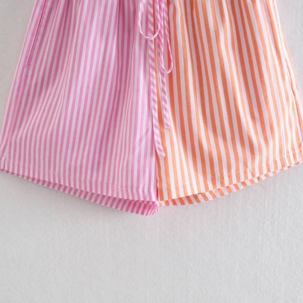 Summer Women Contrast Color Splicing Striped Shorts Casual Female Elastic Waist Loose Clothes P2106