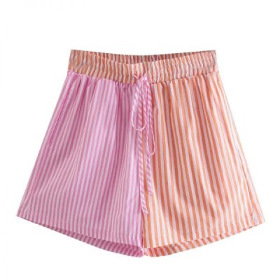 Summer Women Contrast Color Splicing Striped Shorts Casual Female Elastic Waist Loose Clothes P2106