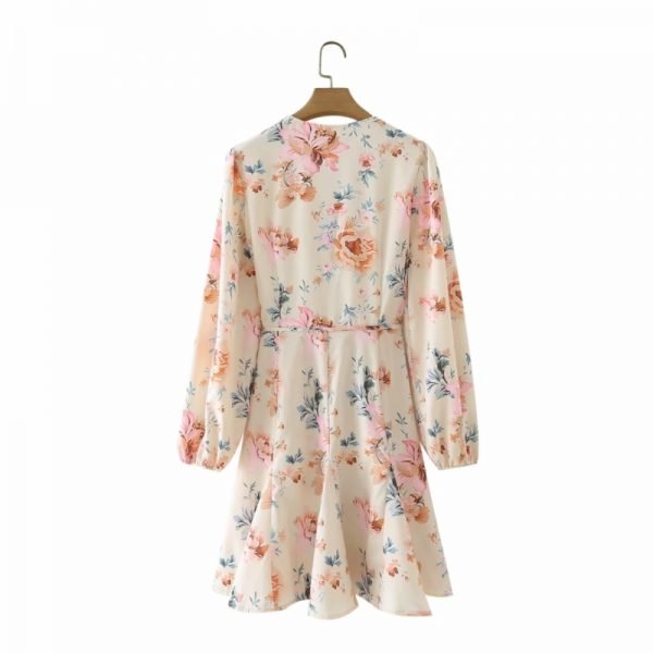 Hot Sale Women Flower Print Deep V Neck Swing Mini Dress Female Long Sleeve Clothes Casual Lady Loose Vestido D8272