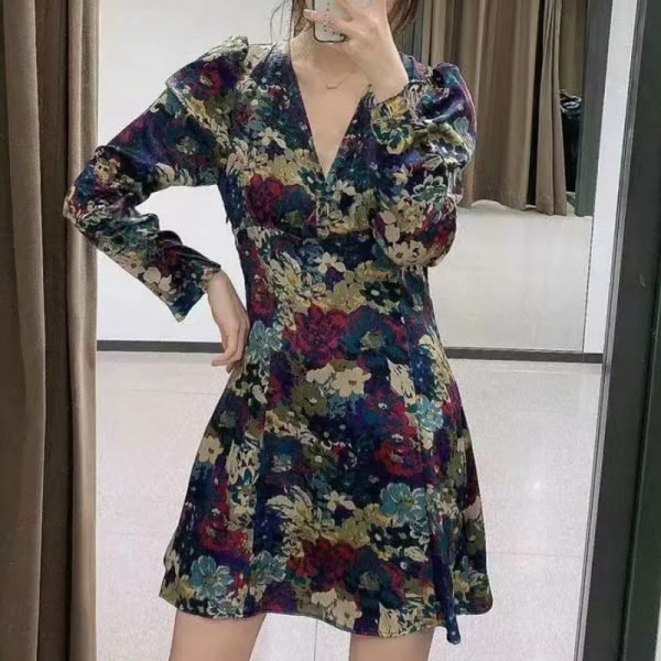 New Spring Women Flower Print V Neck Mini A-Line Dress Female Pleating Nine Quarter Sleeve Clothes Casual Vestido D7093