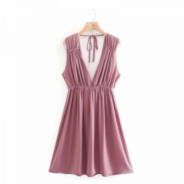 Summer Women Deep V Neck Pleating Decoration Mini Vest Dress Female Sleeveless Clothes Casual Lady Loose Vestido D7707