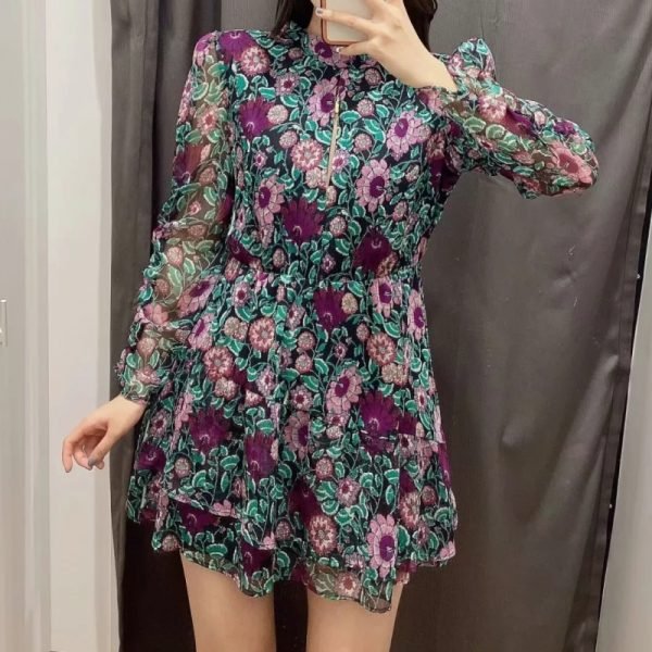 Women Floral Print Chiffon Cascading Ruffle Mini Dress Female Three Quarter Sleeve Clothes Casual Lady Loose Vestido D6869