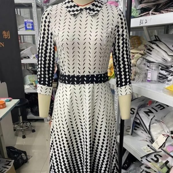 Hot Sale Women Gradual Placement Print Midi Dress Female Three Quarter Sleeve Clothes Casual Lady Loose Vestido D8293