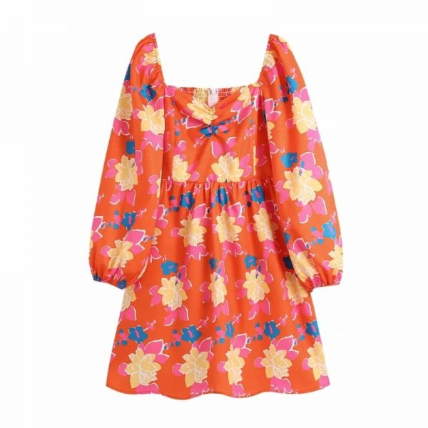 Hot Sale Women Flower Printing Square Collar Mini Dress Female Lantern Sleeve Clothes Casual Lady Slim Vestido D8167