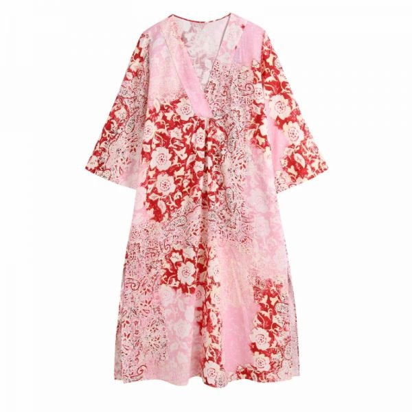 Hot Sale Women Floral Patchwork Print Side Slit Midi Dress Female Three Quarter Sleeve Clothes Casual Lady Loose Vestido D8207