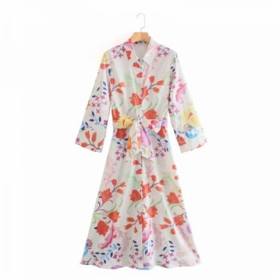 Summer Women Floral Printing Sashes Midi Shirt Dress Female Nine Quarter Sleeve Clothes Casual Lady Loose Vestido D7856