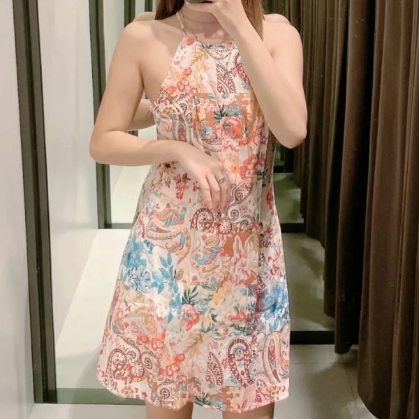 Summer Women Vintage Paisley Patchwork Print Suspender Mini Dress Female Sleeveless Clothes Leisure Lady Slim Vestido D7983