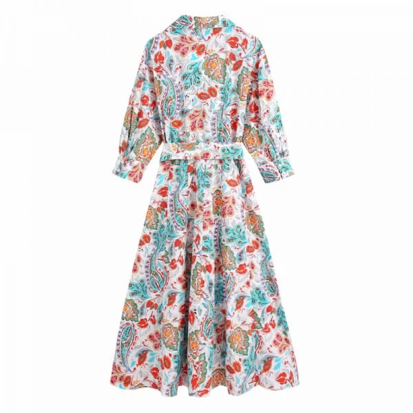 Women Flower Print Turndown Collar Sashes Midi Shirt Dress Female Three Quarter Sleeve Clothes Casual Lady Loose Vestido D8157