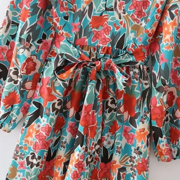 Hot Sale Women Flower Print V Neck Sashes Midi Dress Female Long Sleeve Clothes Casual Lady Loose Vestido D8232