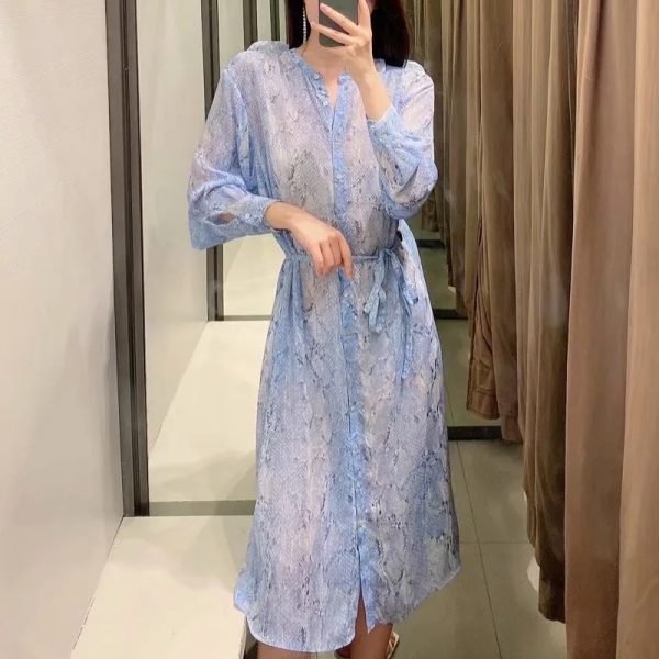 Summer Women Animal Pattern Print Midi Shirt Dress Female Stand Collar Long Sleeve Clothes Casual Lady Loose Vestido D7738